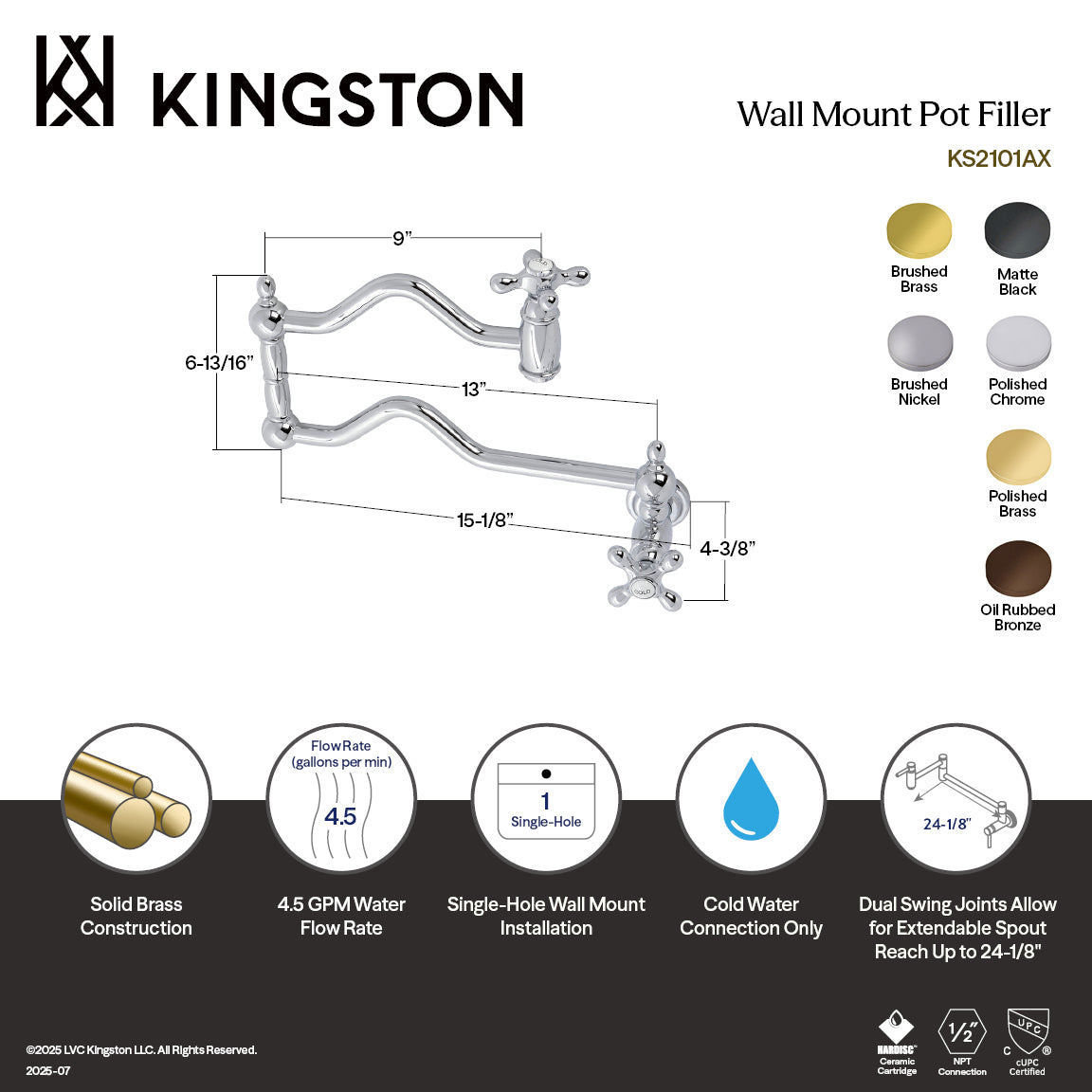 Kingston Brass KS2107AX Heritage Wall Mount Pot Filler Faucet, Brushed Brass dimensions and features image.