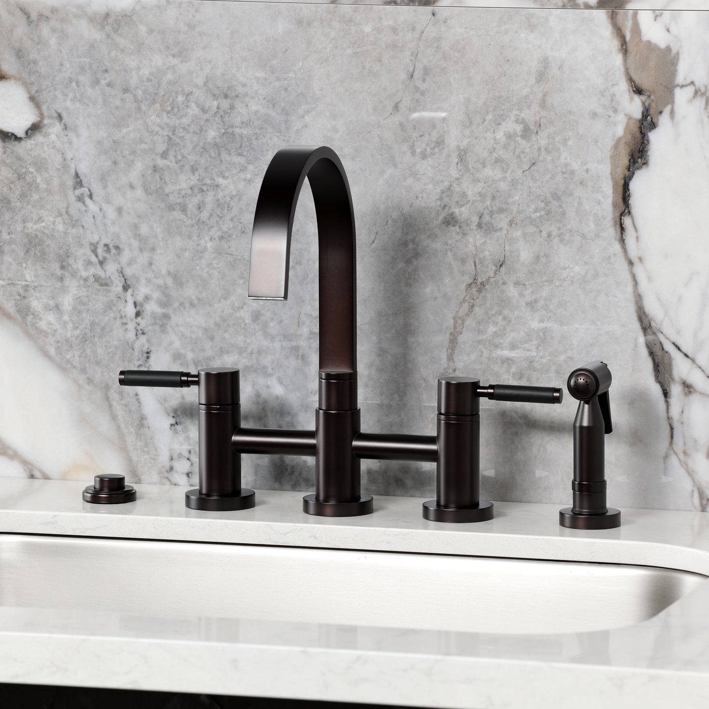 Kingston KS8267DKLBS Kaiser Bridge Kitchen Faucet with Brass Sprayer, Brushed Brass on a marble countertop.