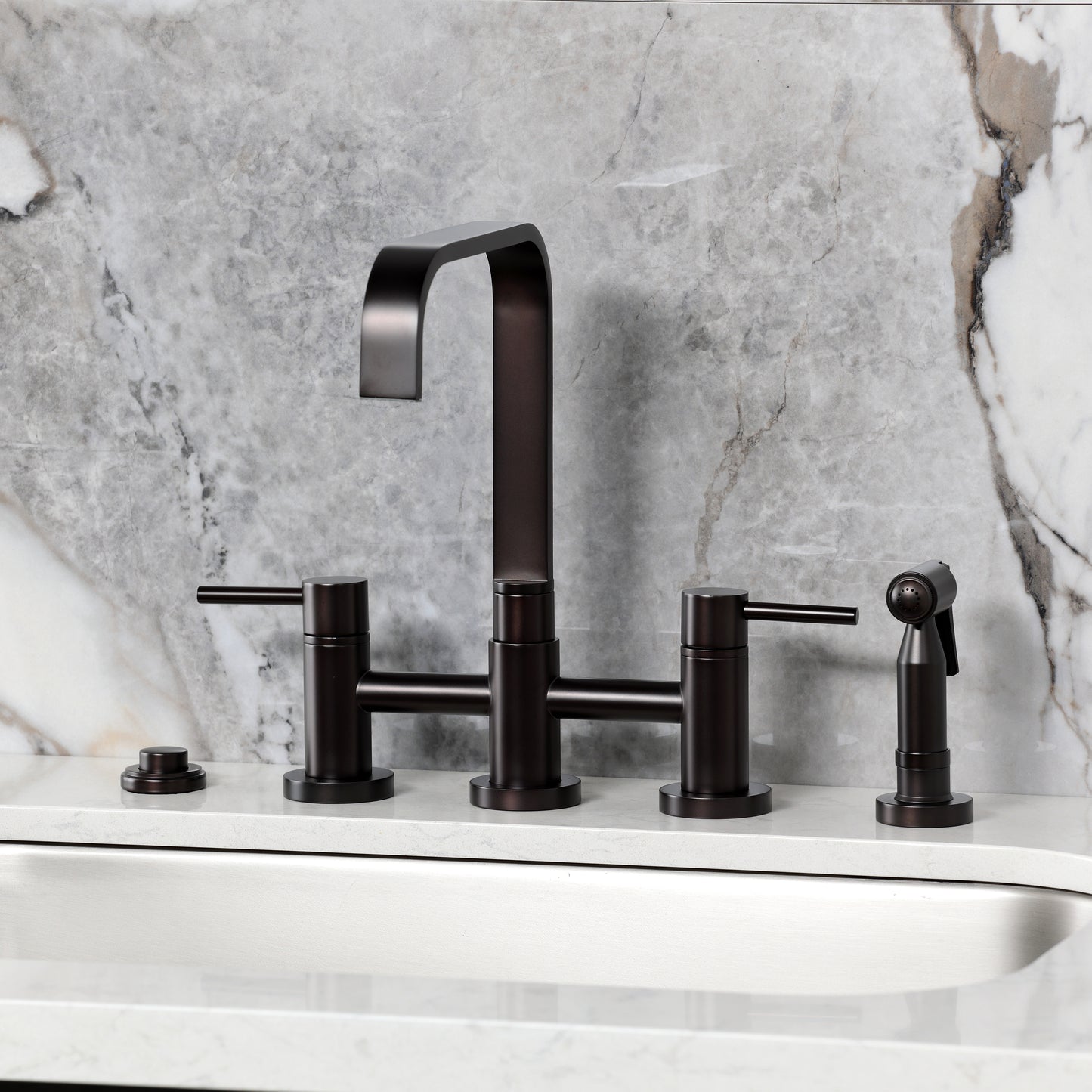 Kingston KS8257DLBS Concord Bridge Kitchen Faucet with Brass Sprayer, Brushed Brass on modern sink.