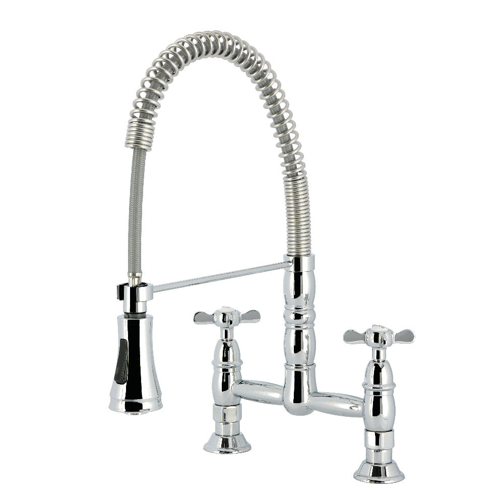 Kingston Brass GS1273BEX Essex Double-Handle Deck-Mount Pre-Rinse Bridge Kitchen Faucet, Antique Brass in polished chrome finish