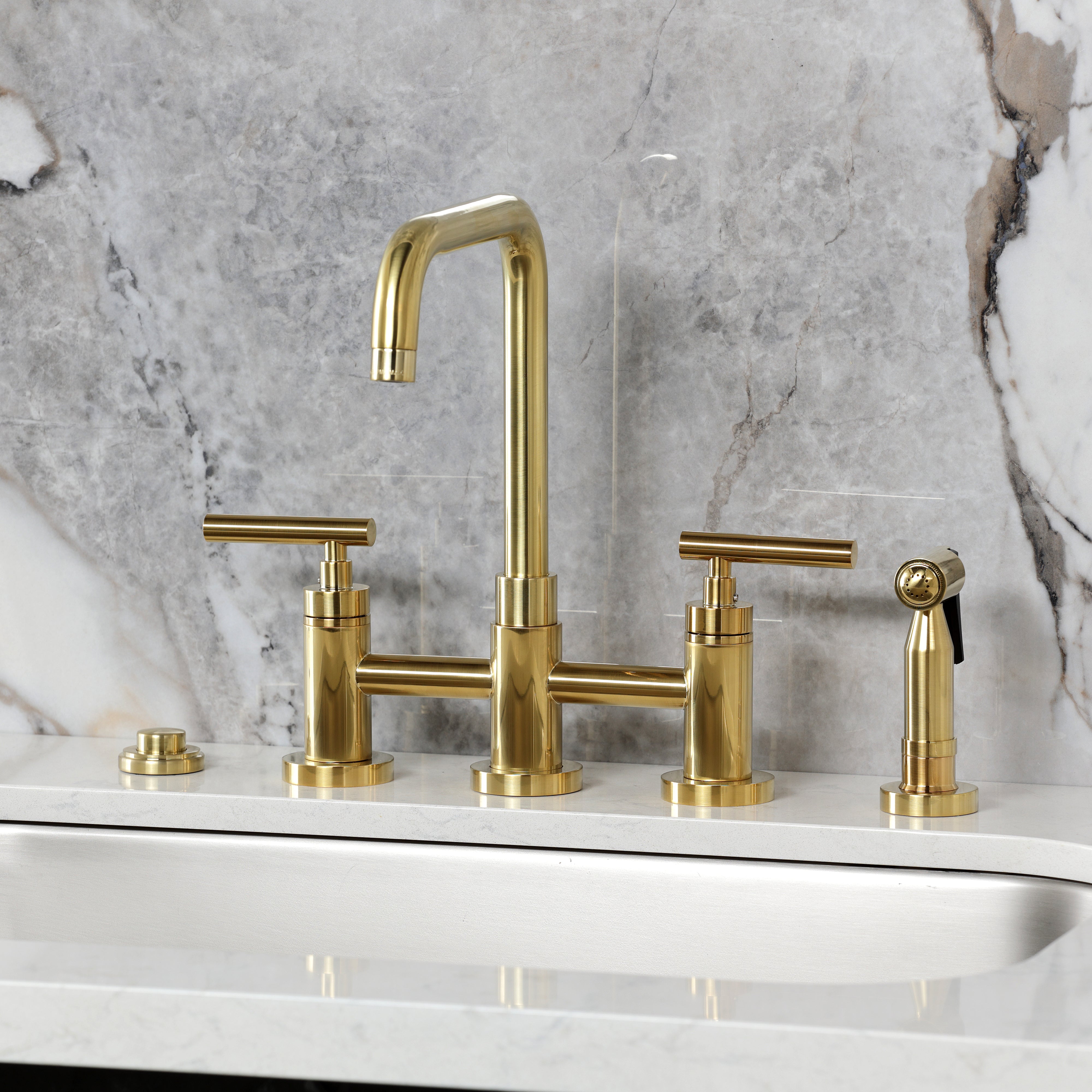 Kingston KS8287CMLBS Manhattan Bridge Kitchen Faucet with Brass Sprayer, Brushed Brass