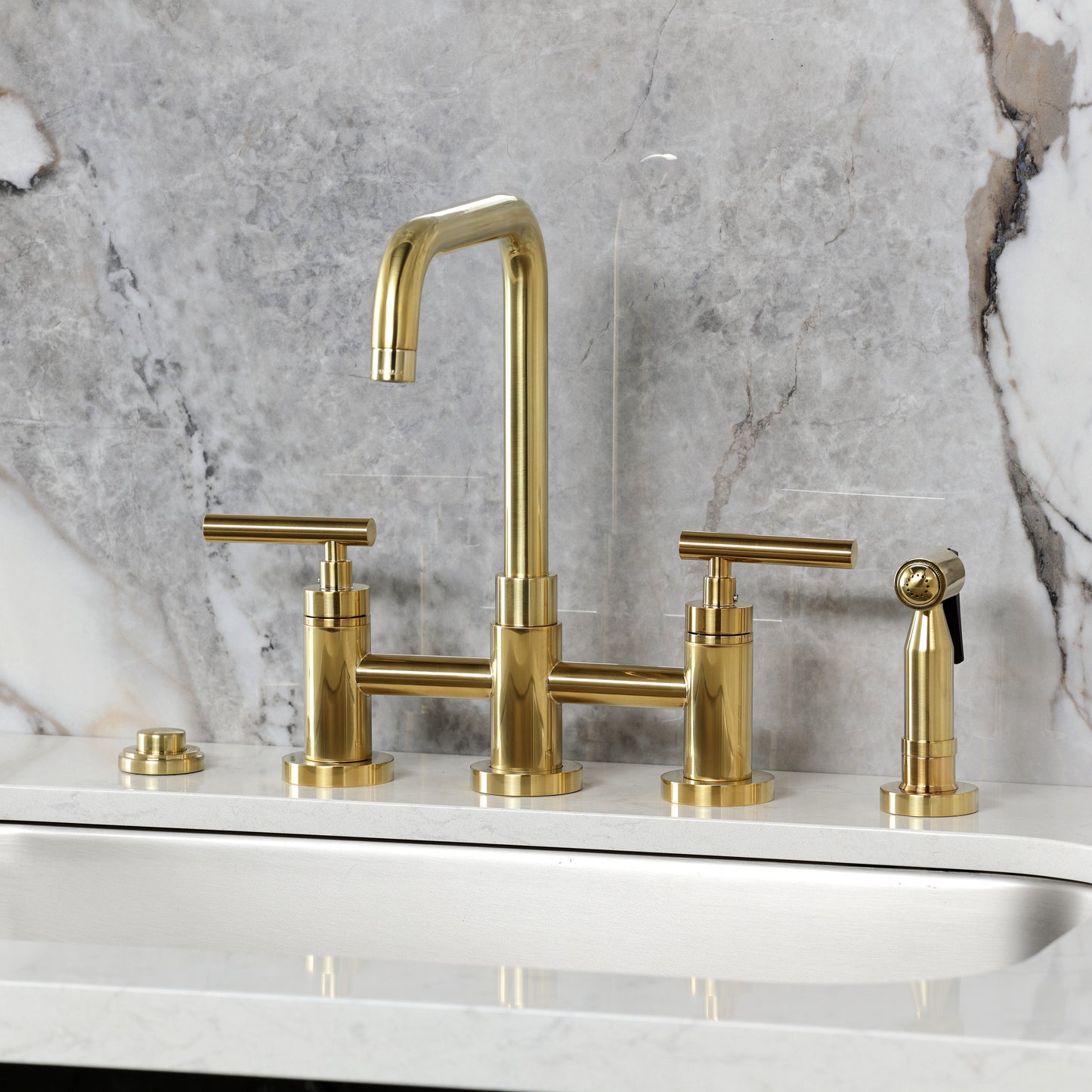 Kingston KS8287CMLBS Manhattan Bridge Kitchen Faucet with Brass Sprayer, Brushed Brass