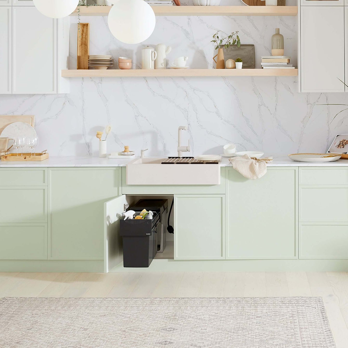Contemporary kitchen featuring BLANCO VINTERA 30" SILGRANIT Single Bowl Farmhouse Sink with modern cabinetry and decor.