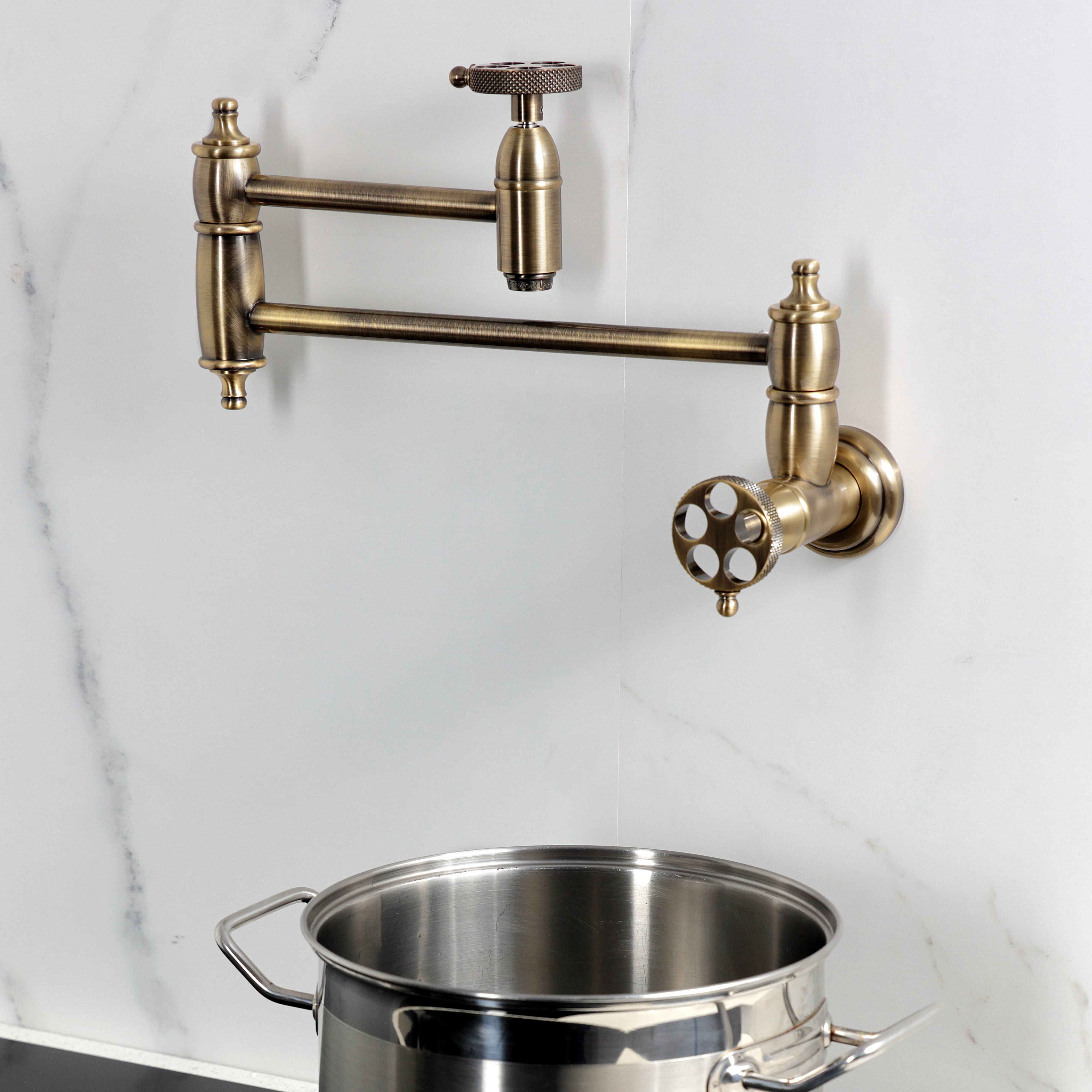 Kingston Brass KS3103RKX Webb Wall Mount Pot Filler Faucet with Knurled Handle, Antique Brass