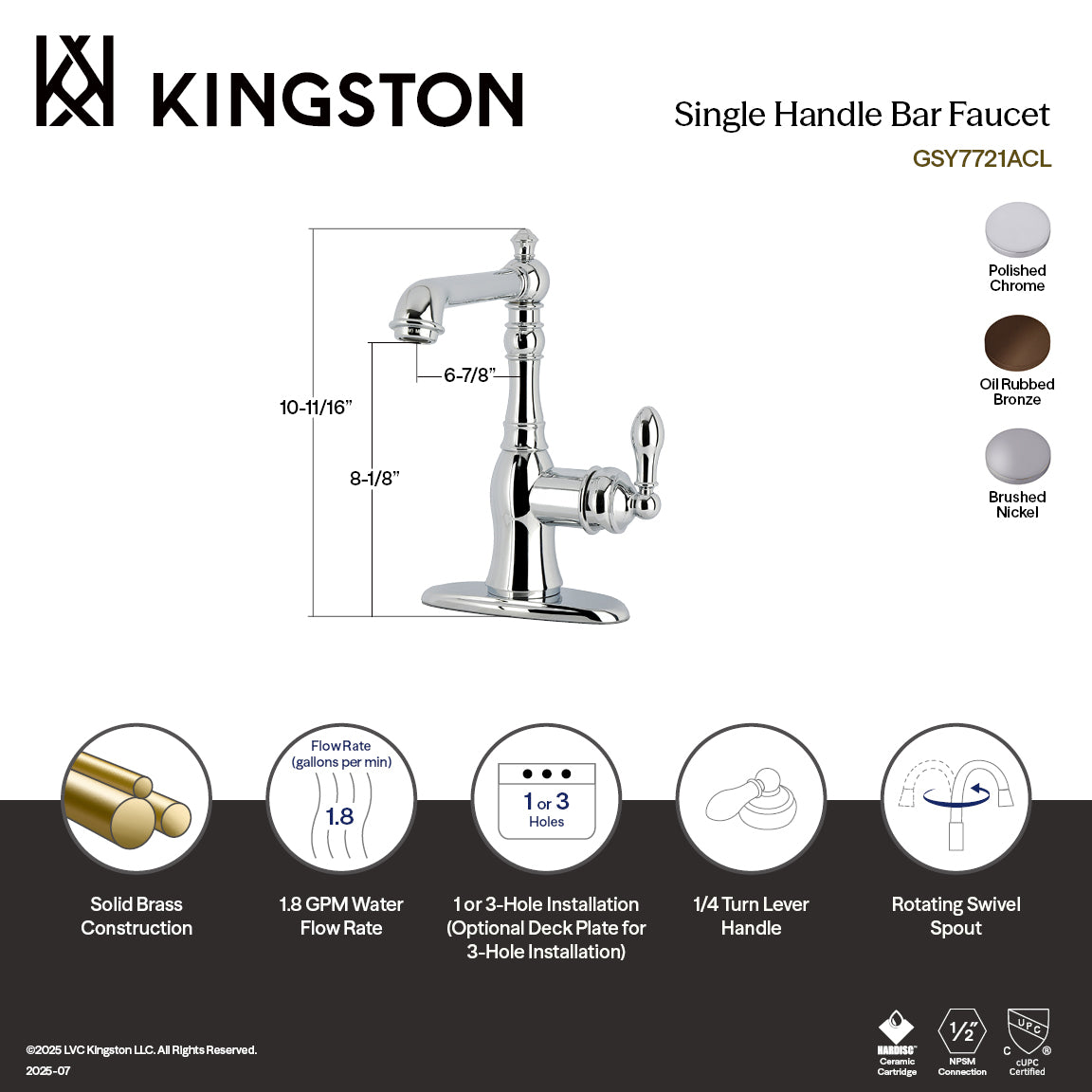 Gourmetier GSY7728ACL American Classic Single-Handle Bar Faucet, Brushed Nickel illustration with dimensions and features