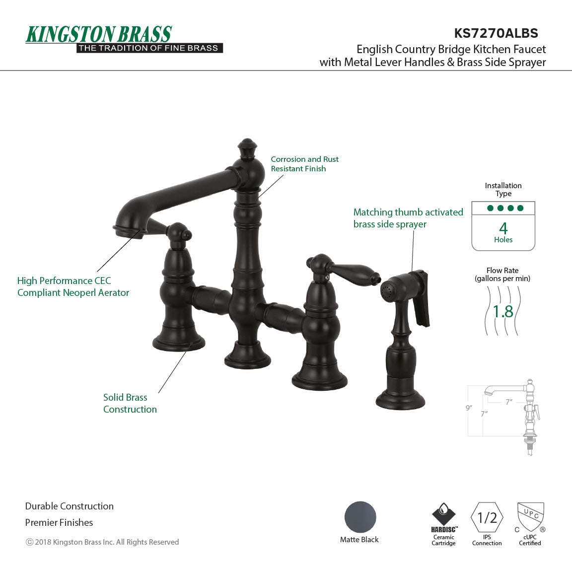 Kingston KS7277ALBS English Country Bridge Kitchen Faucet with Brass Sprayer, Brushed Brass in a matte black finish.