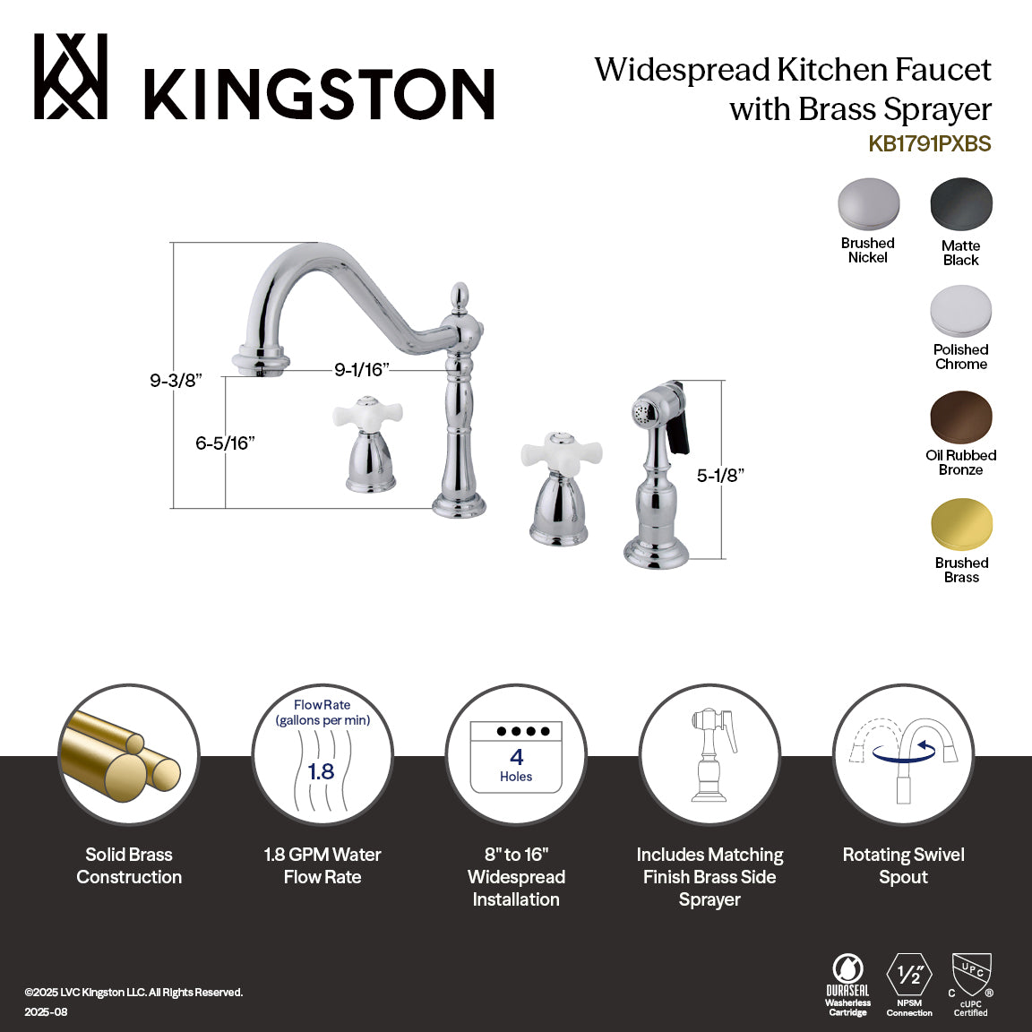 Kingston Brass KB1797PXBS Heritage Double-Handle Widespread Kitchen Faucet with Brass Sprayer, Brushed Brass