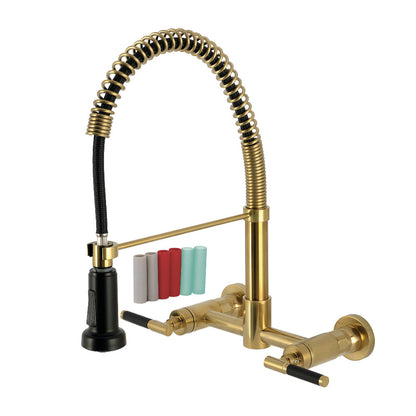 Kingston Brass GS8187CKL Kaiser Double-Handle Wall-Mount Pre-Rinse Bridge Kitchen Faucet, Brushed Brass with black sprayer and accessories