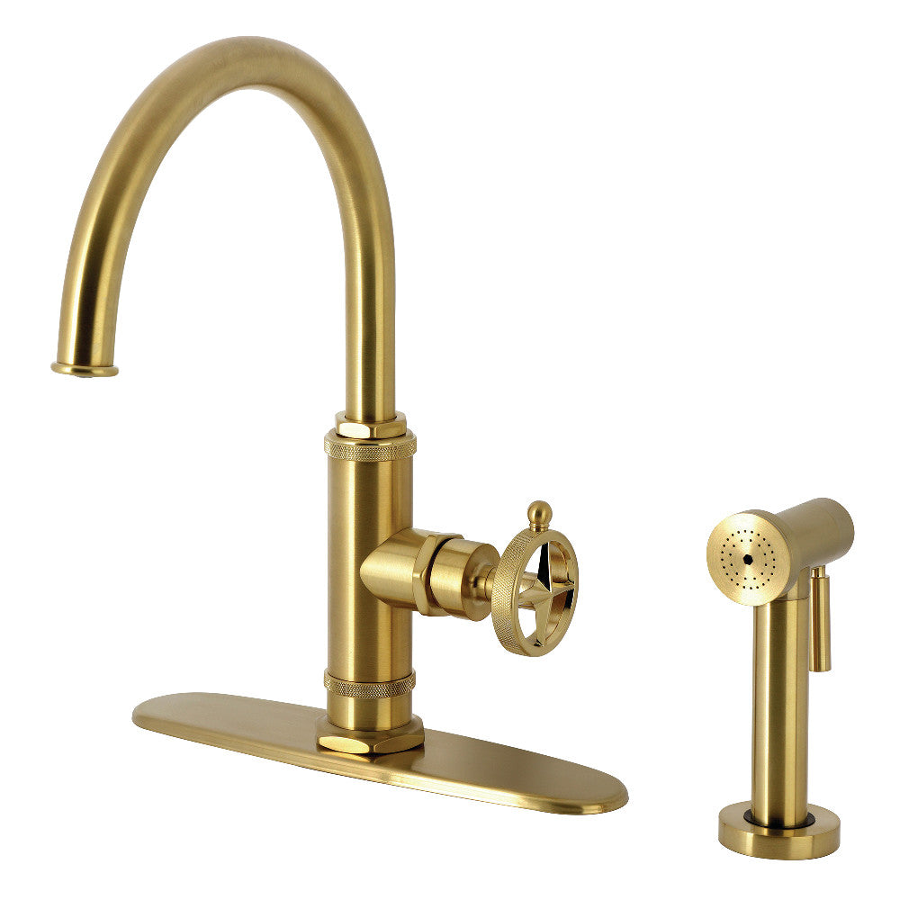 Kingston Brass KSD2433RNK Levante Single-Handle Kitchen Faucet, Antique Brass with side spray.