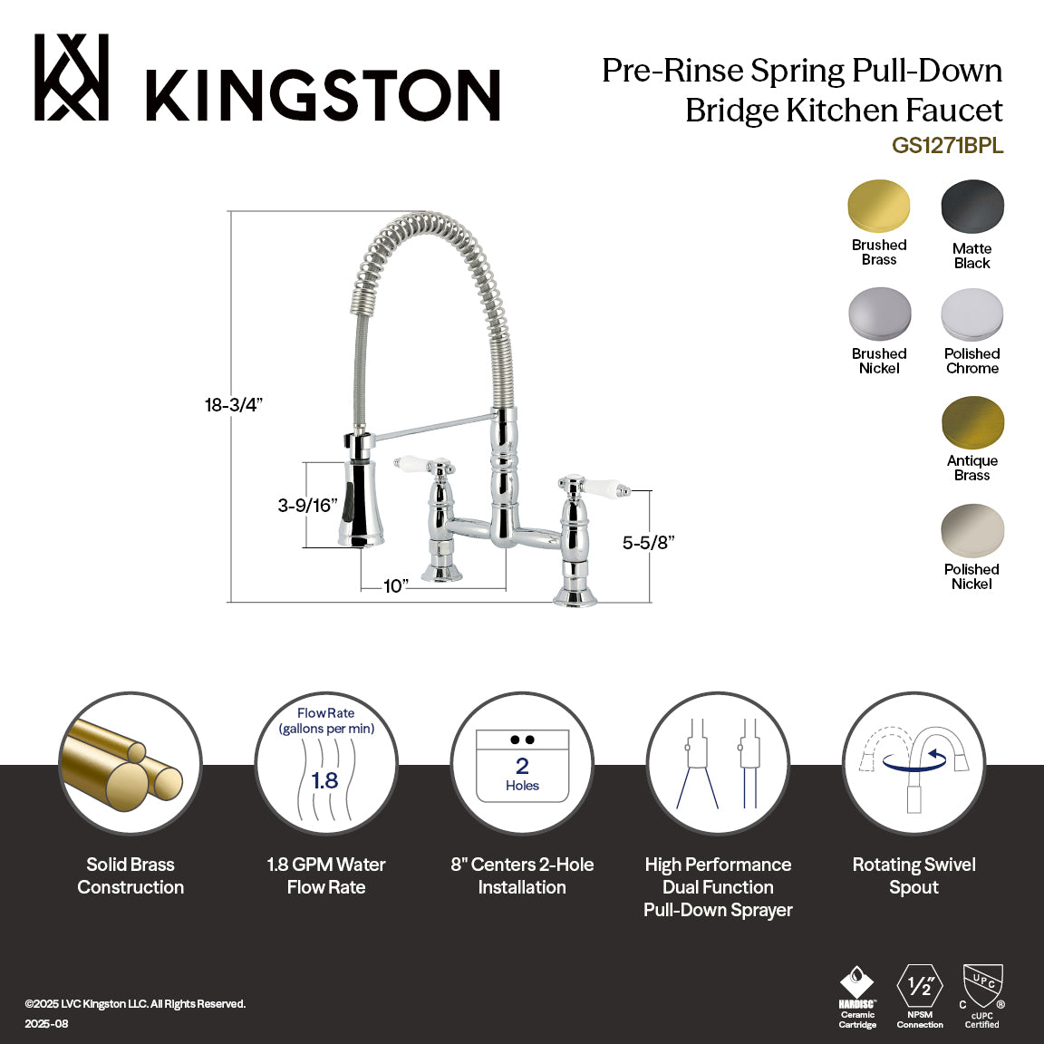 Kingston Brass GS1273BPL Bel-Air Double-Handle Deck-Mount Pre-Rinse Bridge Kitchen Faucet, Antique Brass design features and dimensions.