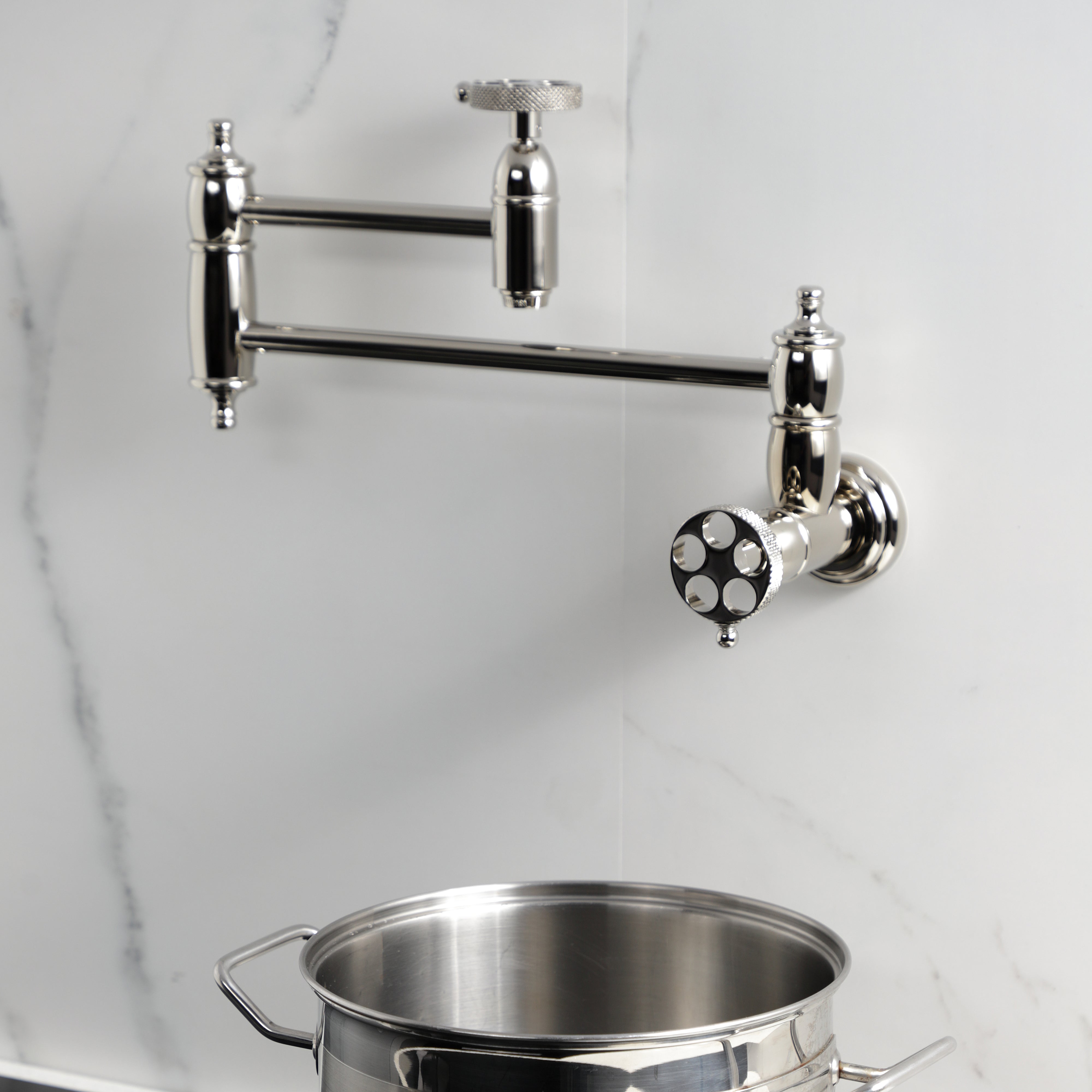 Kingston Brass KS3103RKX Webb Wall Mount Pot Filler Faucet with Knurled Handle, Antique Brass