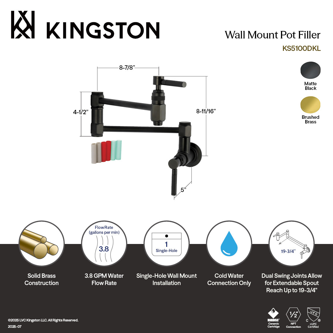 Kingston Brass KS5107DKL Kaiser Wall Mount Pot Filler Faucet, Brushed Brass with matte black finish and color inserts