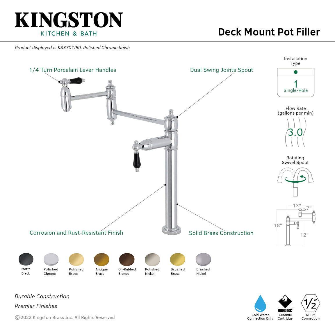 Kingston Brass KS3707PKL Duchess Deck Mount Pot Filler Faucet, Brushed Brass with porcelain lever handles and dual swing joints.
