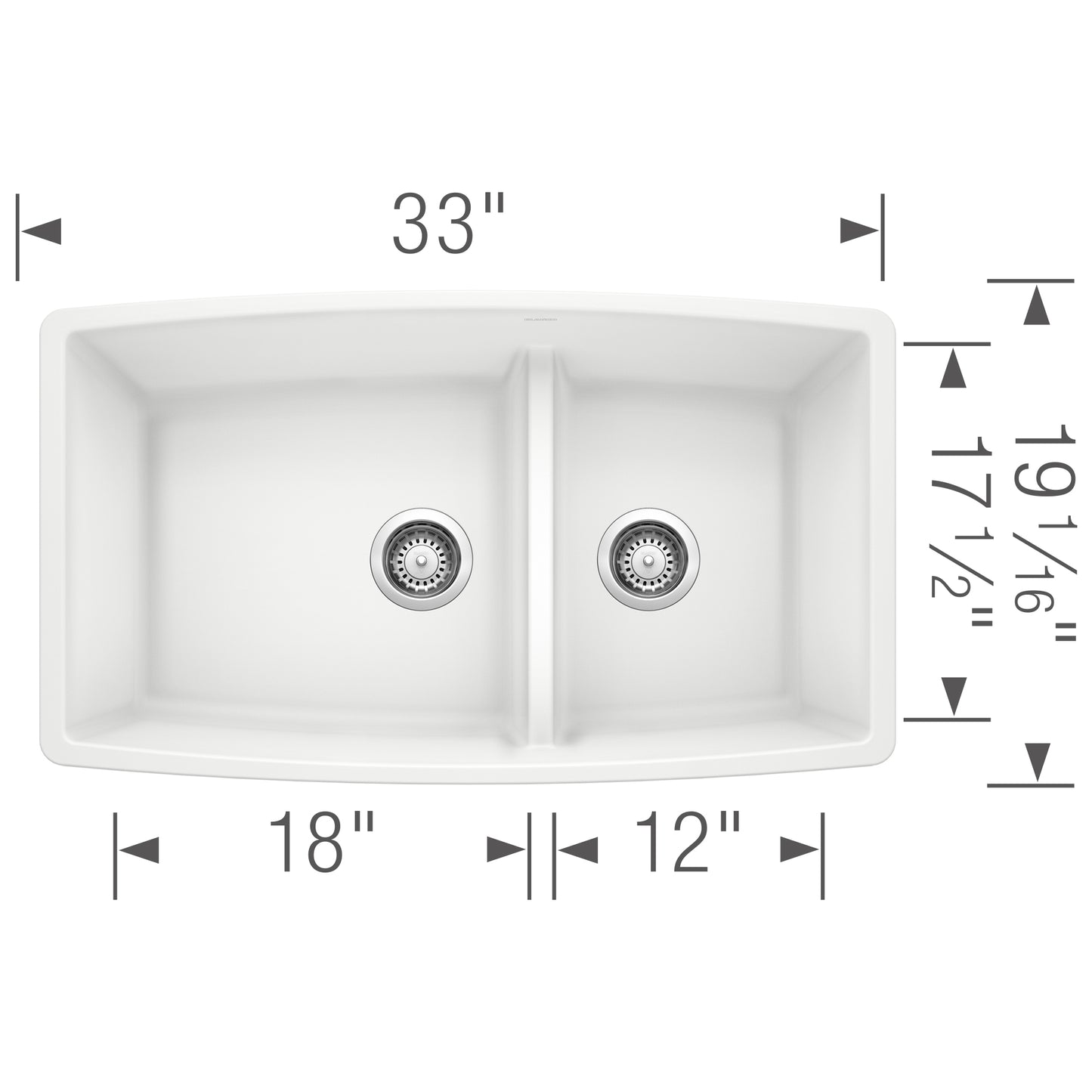 BLANCO Performa SILGRANIT 33" 60/40 Double Bowl Undermount Kitchen Sink with Low Divide dimensions and features.