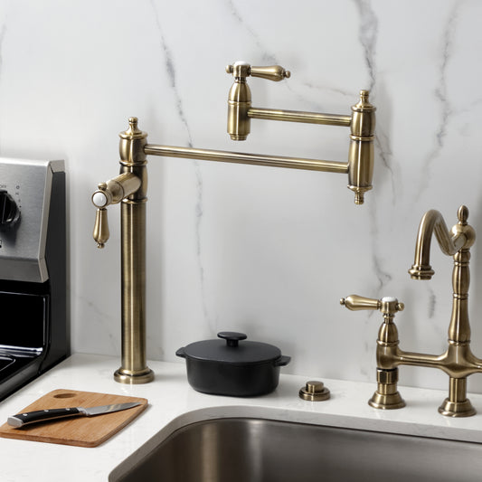 Kingston Brass KS3703BAL Heirloom Deck Mount Pot Filler Faucet, Antique Brass in a stylish modern kitchen.