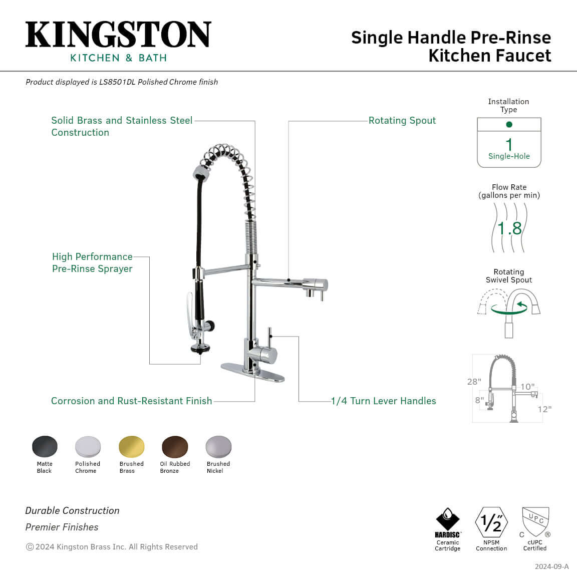 Kingston Brass LS8503DL Concord Single-Handle Deck-Mount Pre-Rinse Kitchen Faucet with Pot Filler, Brushed Brass