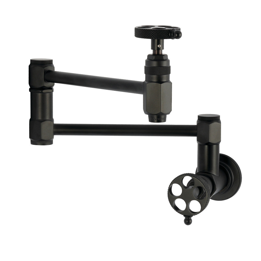 Kingston Brass KS5103RKX Webb Wall Mount Pot Filler Faucet with Knurled Handle, Antique Brass in matte black finish