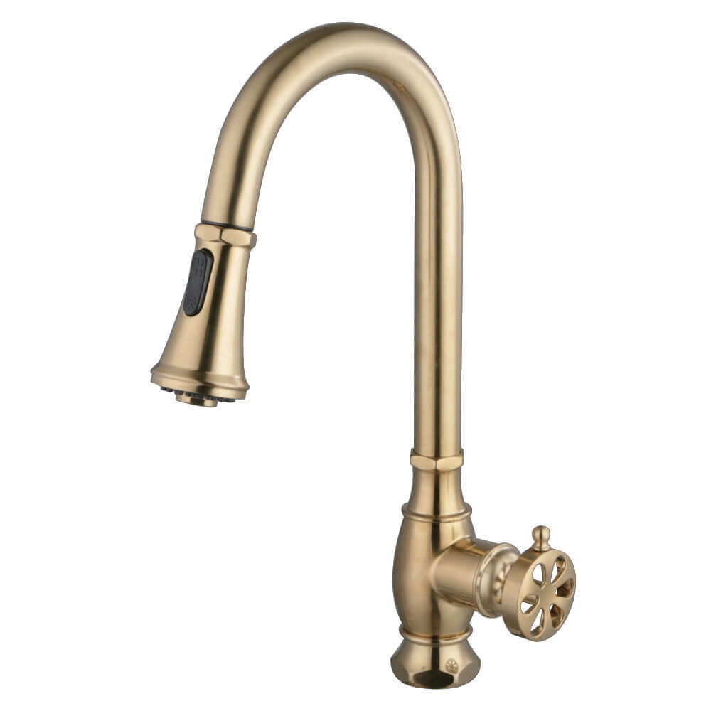 Kingston Brass LS8693RX Belknap Pull-Down Kitchen Faucet with wheel handle and high-arching spout, side view.