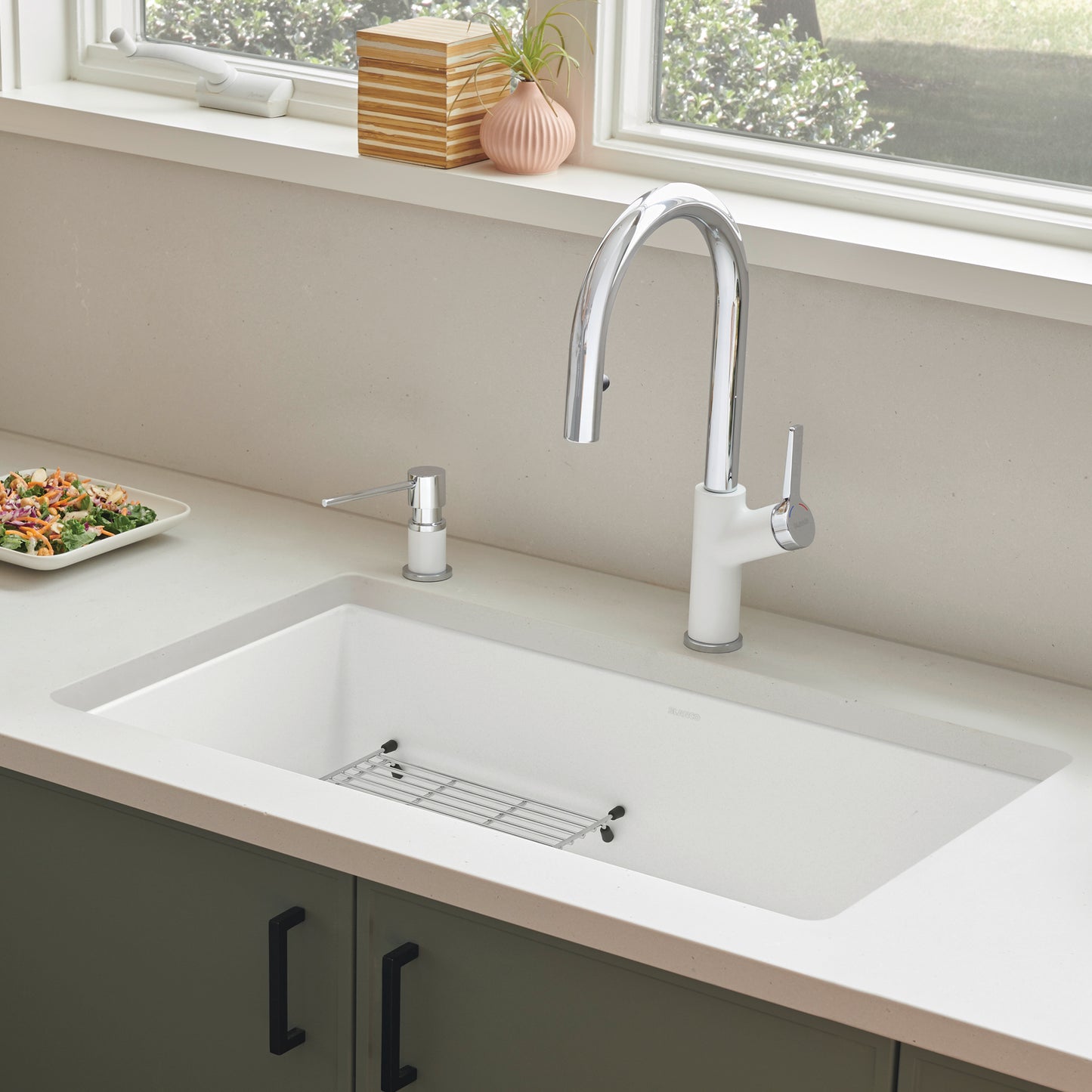 BLANCO Precis SILGRANIT 30" Single Bowl Undermount Kitchen Sink with modern faucet in contemporary kitchen setting.