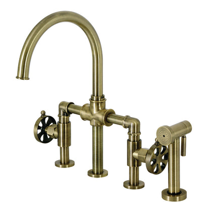 Kingston KS2333RX Belknap Industrial Style Bridge Kitchen Faucet with Brass Sprayer, Antique Brass