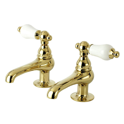 Kingston Brass CC5L8 Vintage Basin Tap Faucet with Porcelain Lever Handle right side view showing polished brass finish