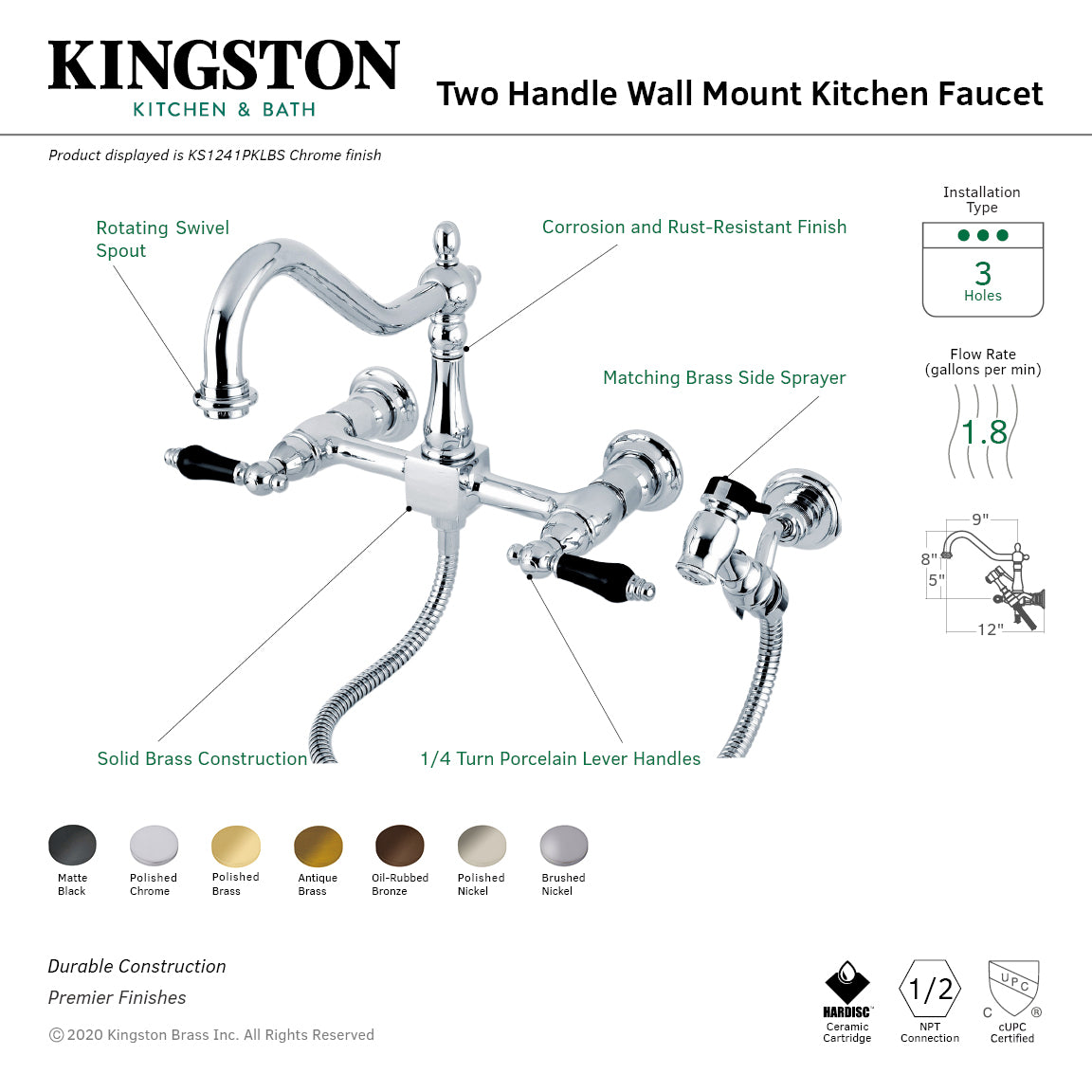Kingston KS1243PKLBS Duchess Two-Handle Wall Mount Bridge Kitchen Faucet with Brass Sprayer, Antique Brass