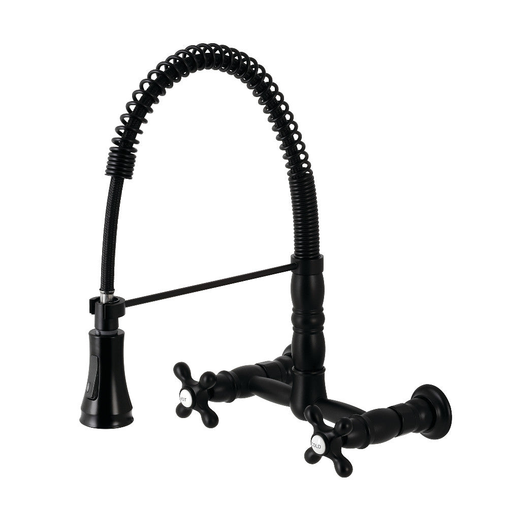 Gourmetier GS1243AX Heritage Double-Handle Wall-Mount Pre-Rinse Bridge Kitchen Faucet, Antique Brass in Matte Black finish.