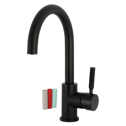 Fauceture LS8233DKL Kaiser Single-Handle Vessel Sink Faucet, Brushed Brass, left side view with handle and accessories.
