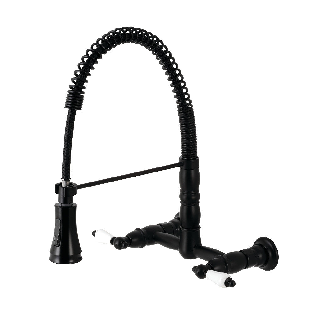 Gourmetier GS1243PL Heritage Double-Handle Wall-Mount Pre-Rinse Bridge Kitchen Faucet, Antique Brass with Matte Black finish.