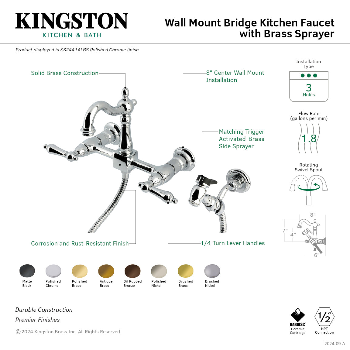 Kingston KS2443ALBS Heritage Two-Handle Wall Mount Bridge Kitchen Faucet with Brass Sprayer, Antique Brass