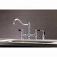 Kingston KS3277PKLBS Duchess Bridge Kitchen Faucet with Brass Sprayer, Brushed Brass in a kitchen setting.