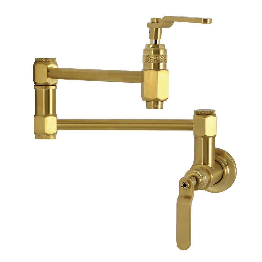 Kingston Brass KS5103KL Whitaker Wall Mount Pot Filler Faucet, Antique Brass kitchen fixture with stylish industrial design.