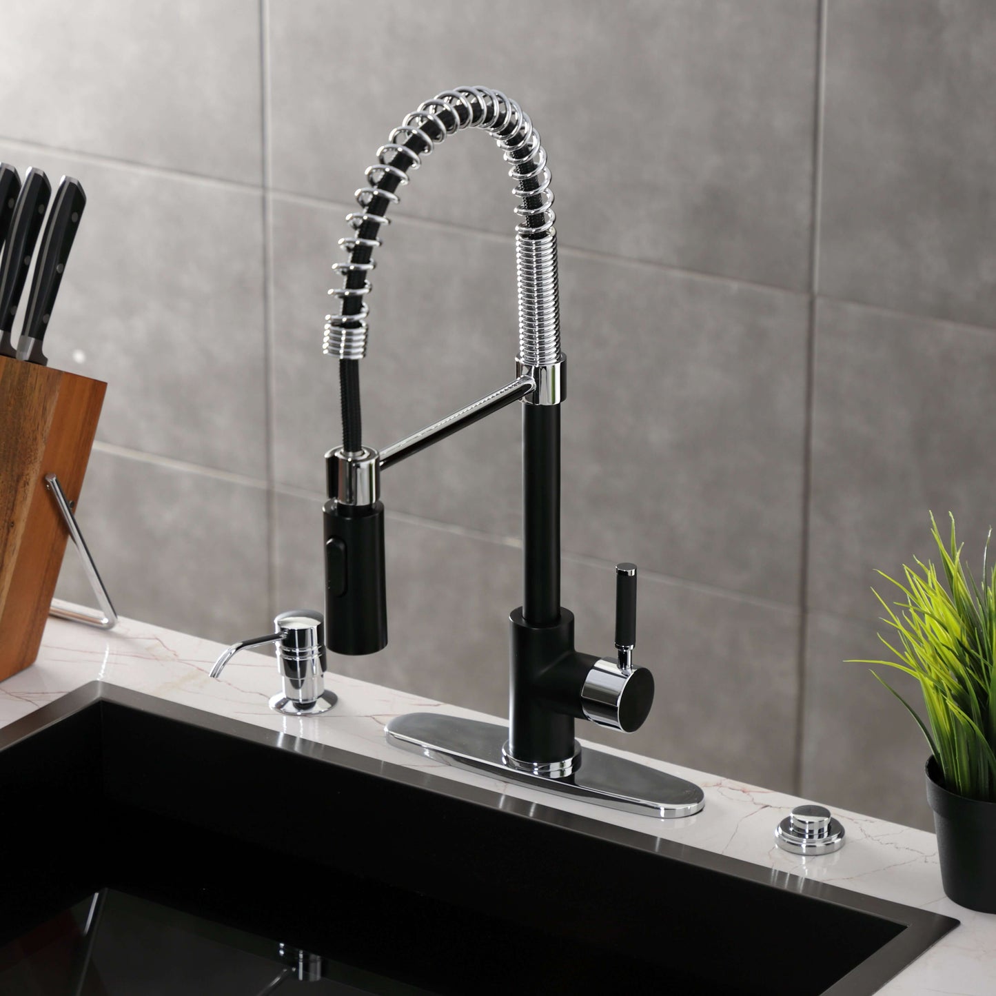 Kingston Brass LS8773DKL Kaiser Pre-Rinse Kitchen Faucet right side view with ergonomic handle design.