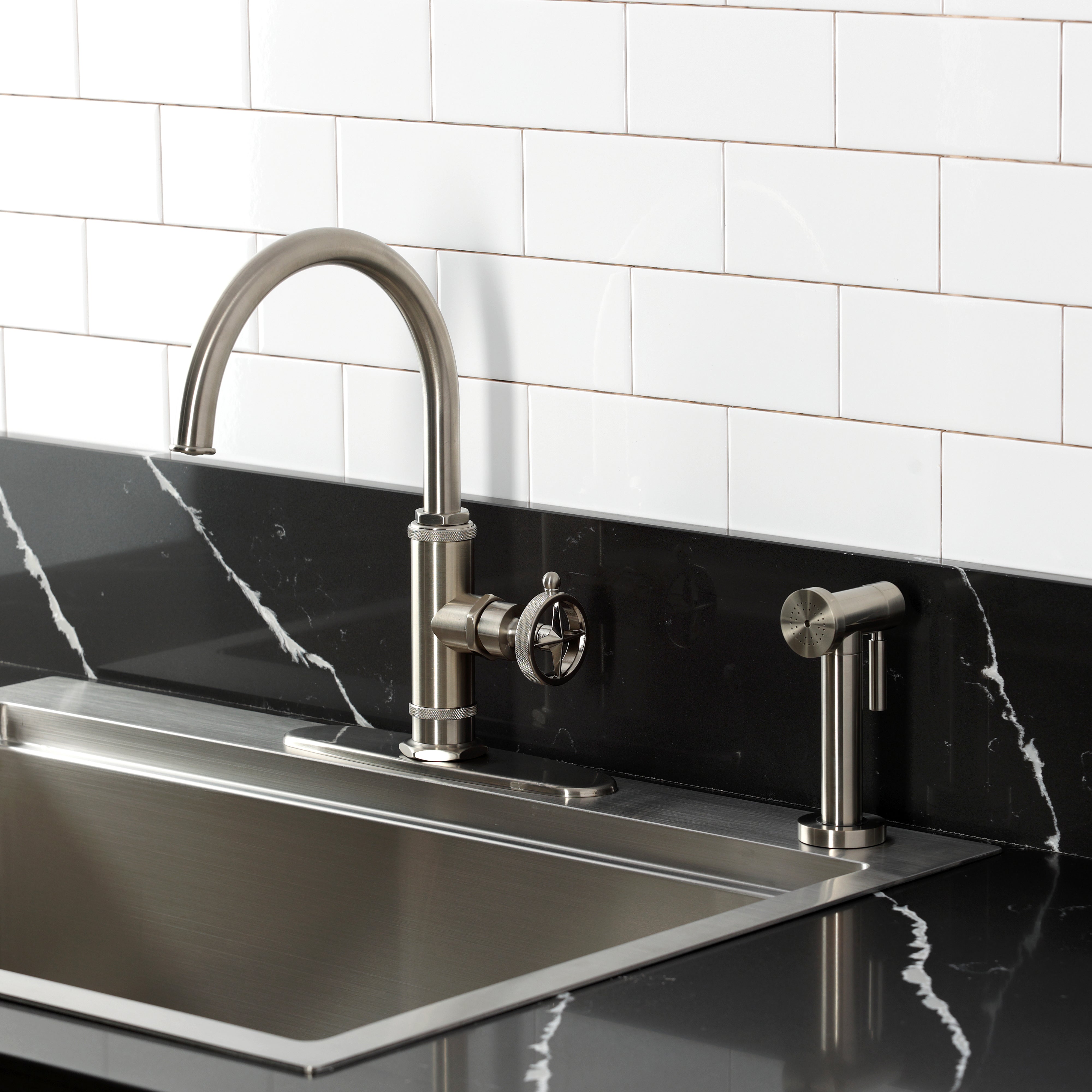 Kingston Brass KSD2433RNK Levante Single-Handle Kitchen Faucet, Antique Brass with side spray and gooseneck spout
