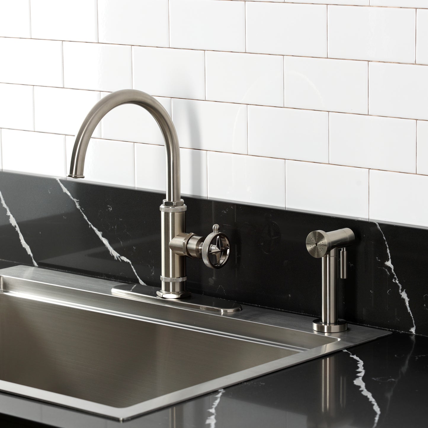 Kingston Brass KSD2433RNK Levante Single-Handle Kitchen Faucet, Antique Brass with side spray and gooseneck spout