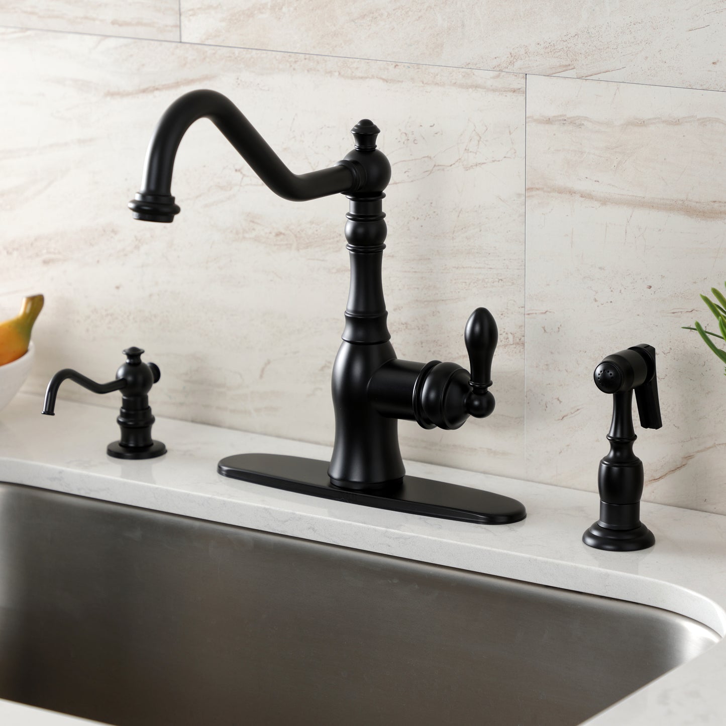 Gourmetier GSY7703ACLBS American Classic Single-Handle Kitchen Faucet with Brass Side Sprayer, Antique Brass in black finish