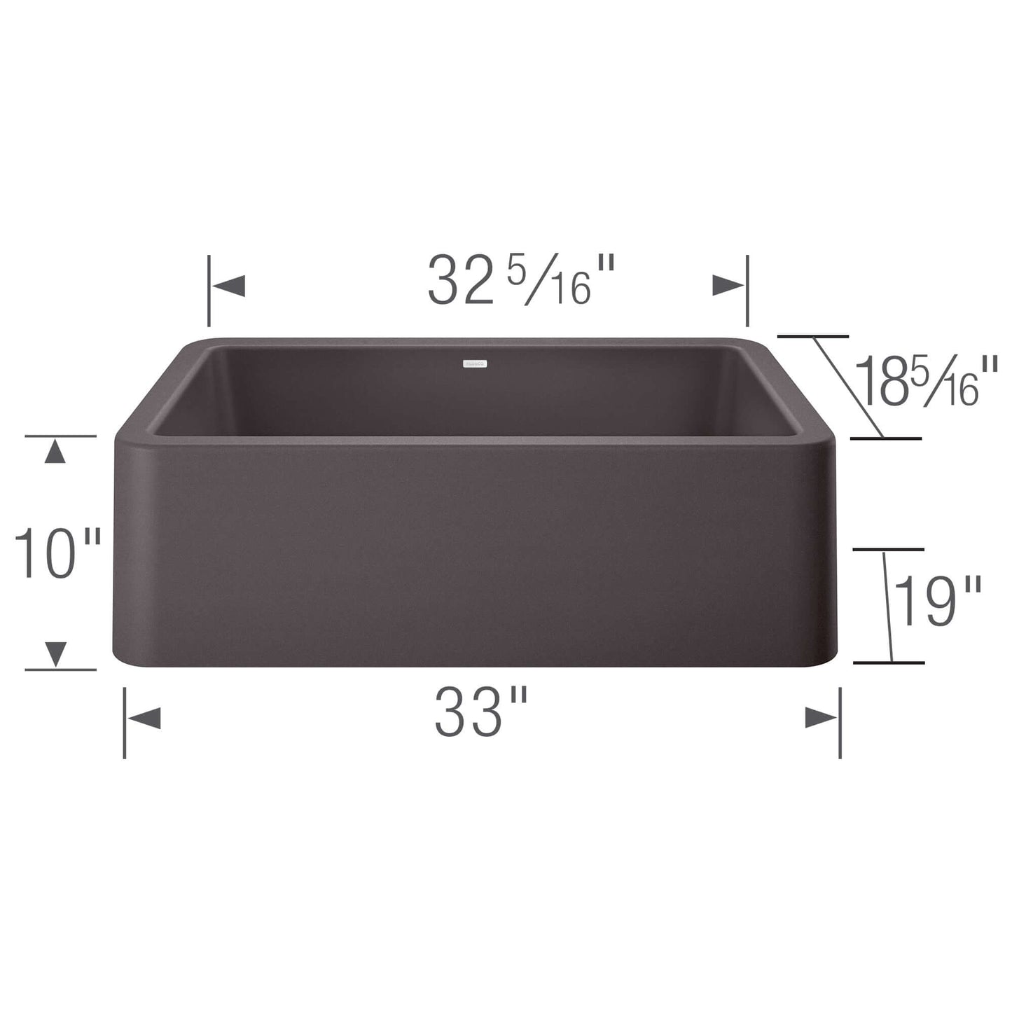 BLANCO Ikon SILGRANIT 33" Single Bowl Apron-Front Farmhouse Sink with dimensions for easy reference.