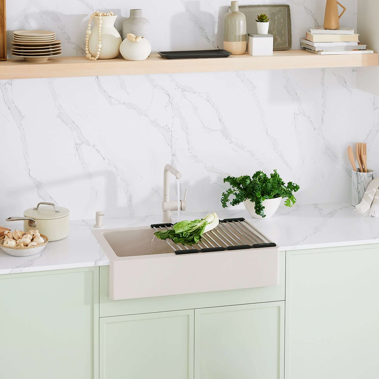 BLANCO VINTERA 30" SILGRANIT Single Bowl Farmhouse Sink displayed in a modern kitchen with fresh vegetables.