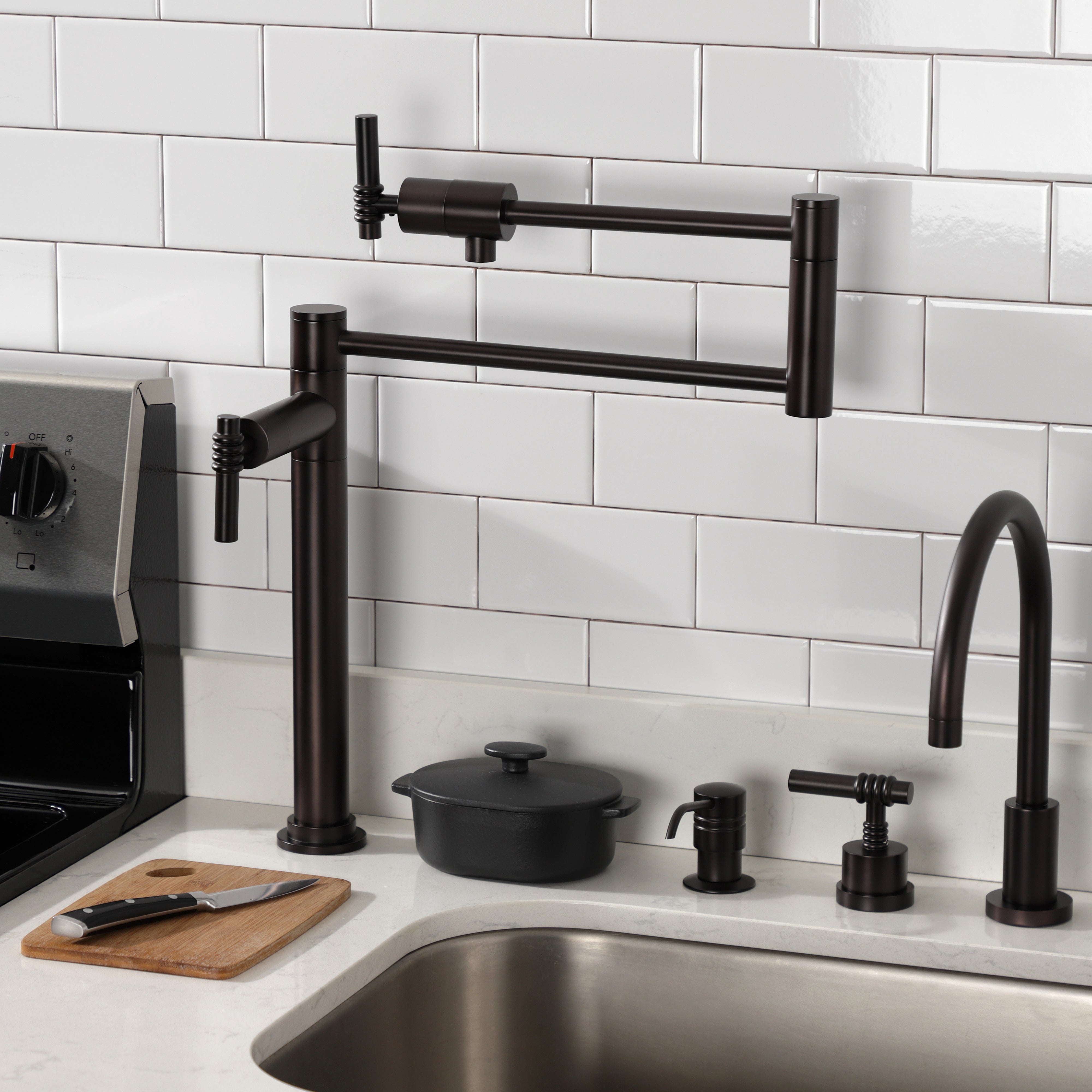 Kingston Brass KS4703ML Milano Deck Mount Pot Filler Faucet, Antique Brass with modern kitchen accessories.
