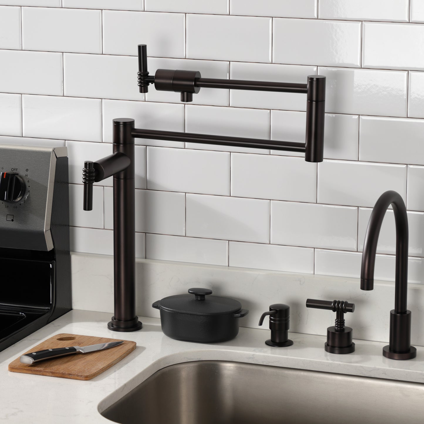 Kingston Brass KS4703ML Milano Deck Mount Pot Filler Faucet, Antique Brass with modern kitchen accessories.