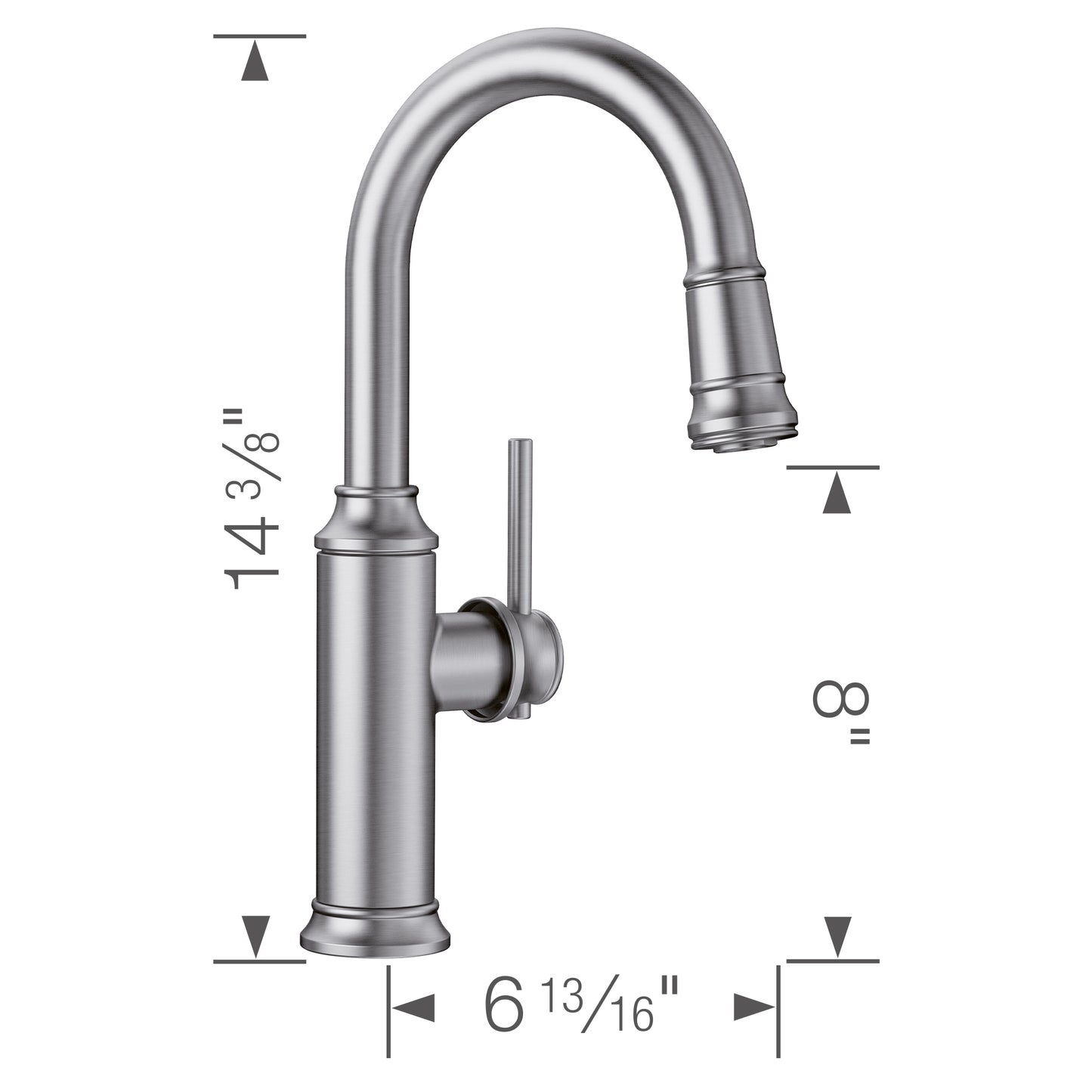 BLANCO Empressa Pull-Down Bar Faucet dimensions with vintage wine press design, ideal for bar and island installations.