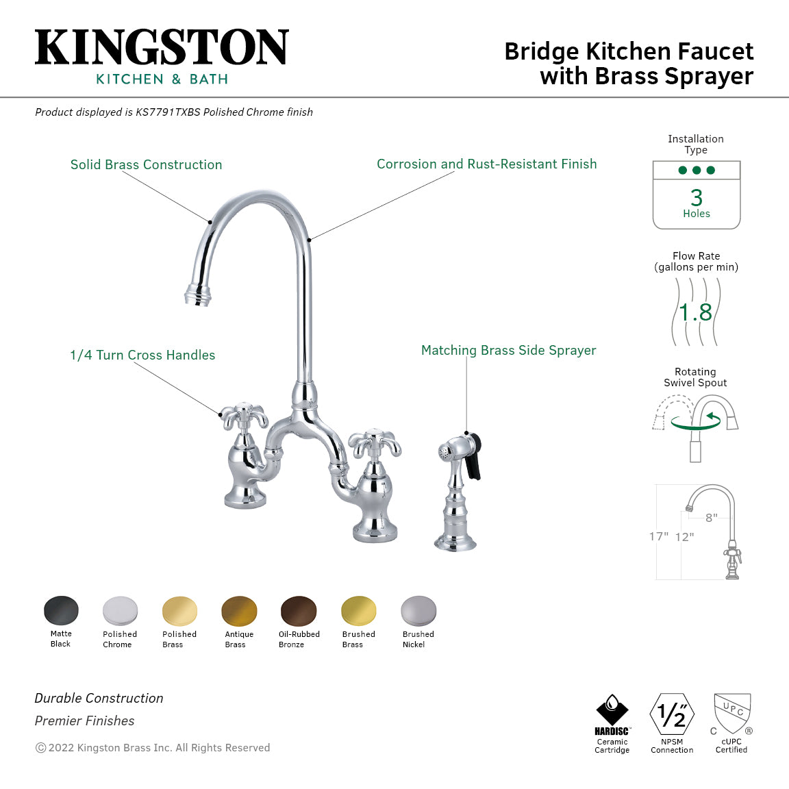 Kingston KS7793TXBS French Country Bridge Kitchen Faucet with Brass Sprayer, Antique Brass features solid brass construction and corrosion-resistant finish.