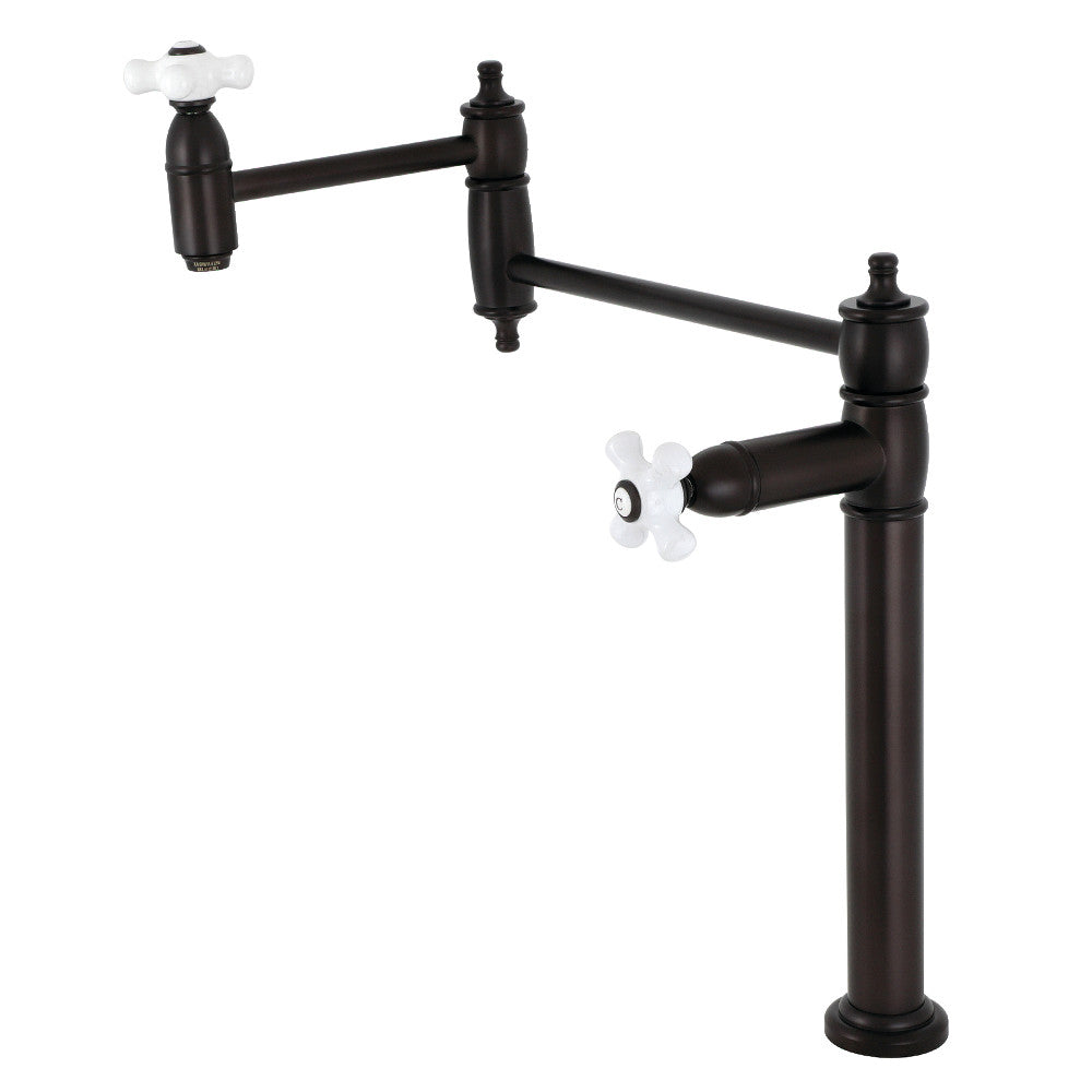 Kingston Brass KS370PXAC Restoration Deck Mount Pot Filler Faucet, Antique Copper with white porcelain knobs and oil rubbed bronze finish.