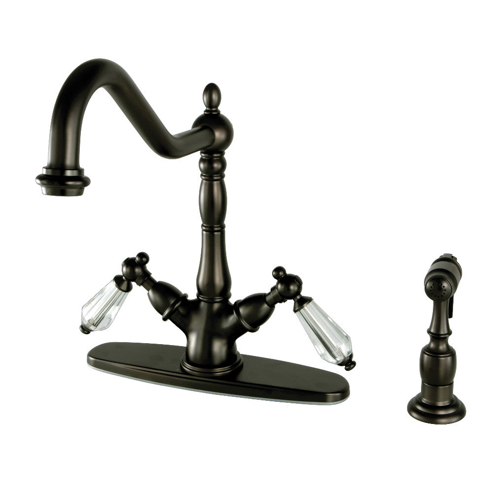 Kingston KS1238WLLBS Wilshire Two-Handle Kitchen Faucet with Brass Sprayer, Brushed Nickel in Oil Rubbed Bronze finish.