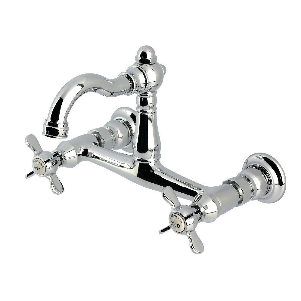 Kingston KS3253BEX Essex Two-Handle Wall Mount Bridge Kitchen Faucet, Antique Brass with polished chrome finish.