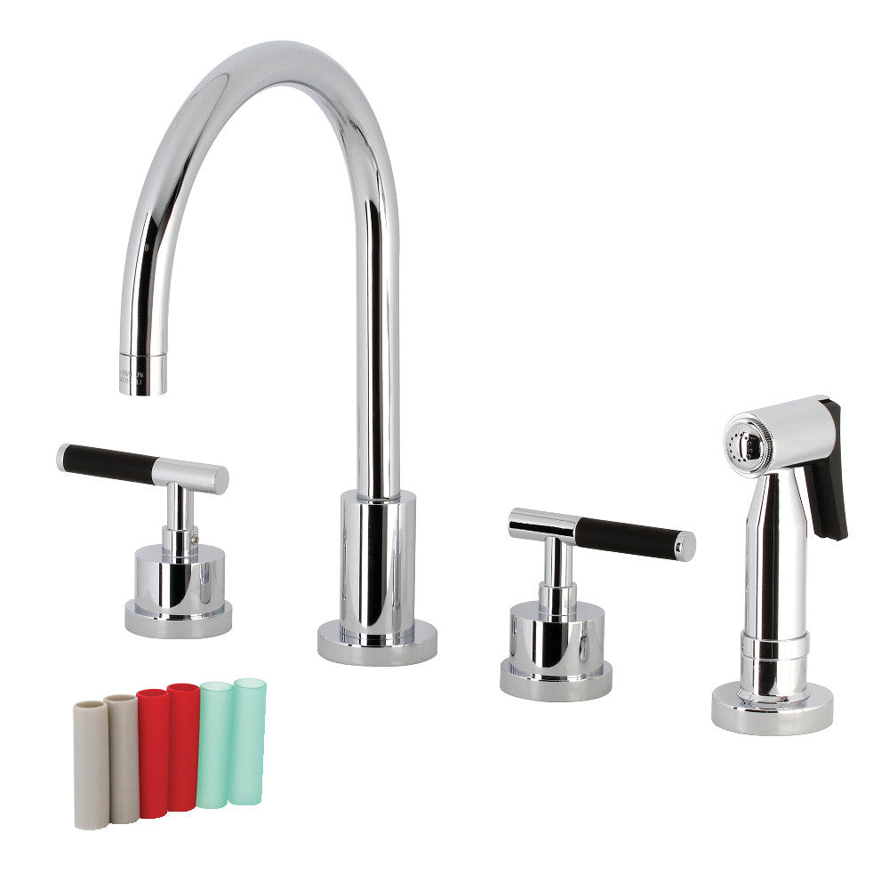 Kingston Brass KS8723CKLBS Kaiser Double-Handle Widespread Kitchen Faucet with Brass Sprayer, Antique Brass showcased with handles.