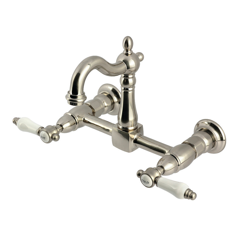 Kingston KS2443BPL Bel-Air Two-Handle Wall Mount Bridge Kitchen Faucet, Antique Brass with brushed nickel finish.