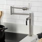 Kingston Brass KS4703KL Whitaker Deck Mount Pot Filler Faucet, Antique Brass in a modern kitchen setting.