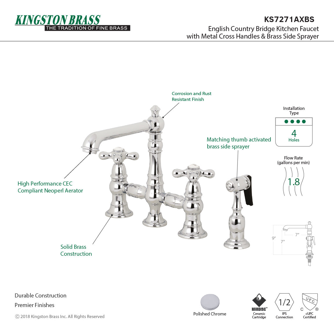 Kingston KS7277AXBS English Country Bridge Kitchen Faucet with Brass Sprayer, Brushed Brass featuring a polished chrome finish.
