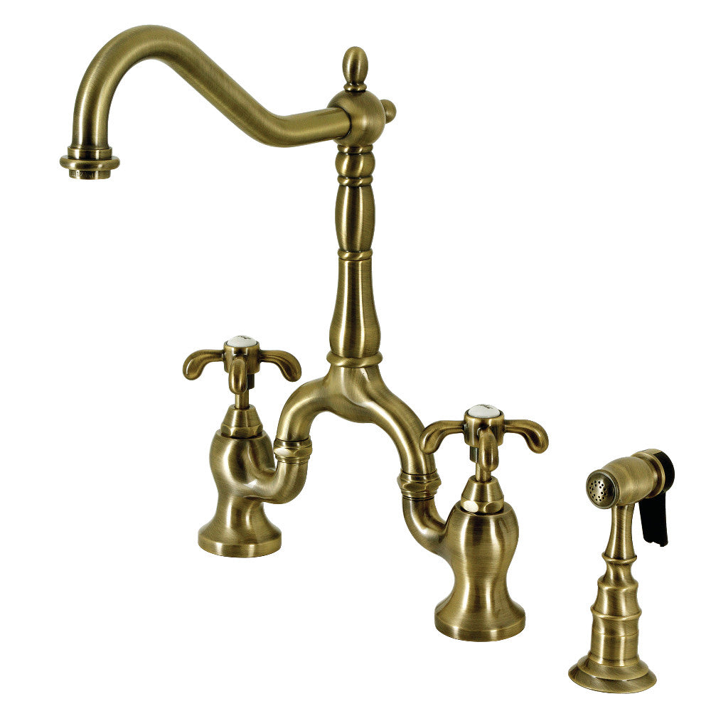 Kingston KS7753TXBS French Country Bridge Kitchen Faucet with Brass Sprayer, Antique Brass.